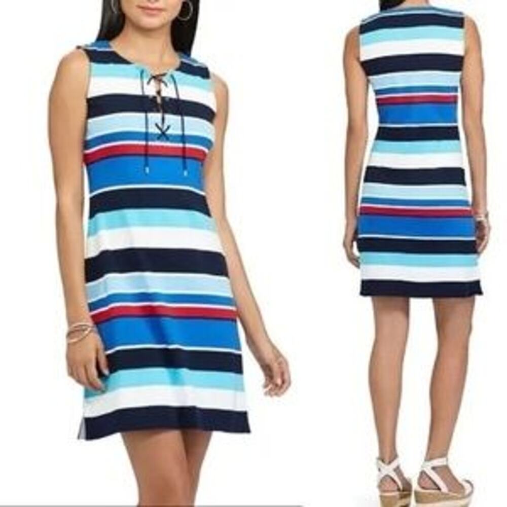 Ralph Lauren Chaps women's striped classic lace up‎ dress Size XL Cotton